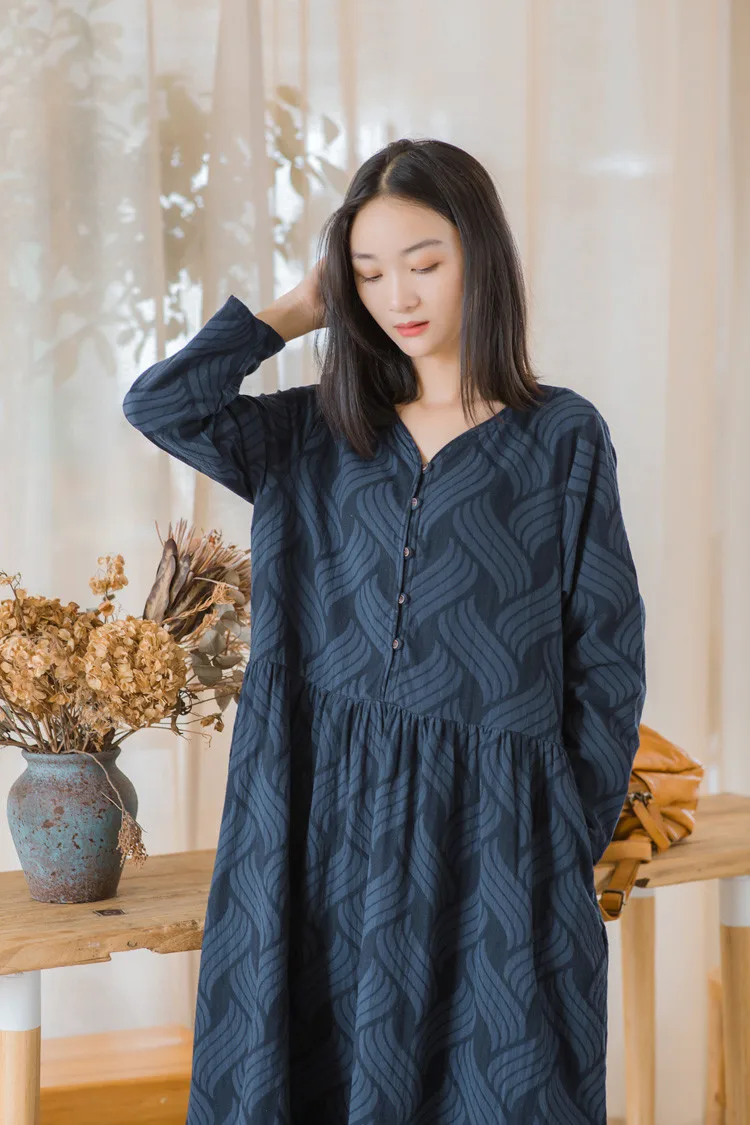 SCUWLINEN женское платье осенне-зимнее платье винтажное жаккардовое с v-образным вырезом Свободное длинное льняное хлопковое платье повседневное милый халат S974