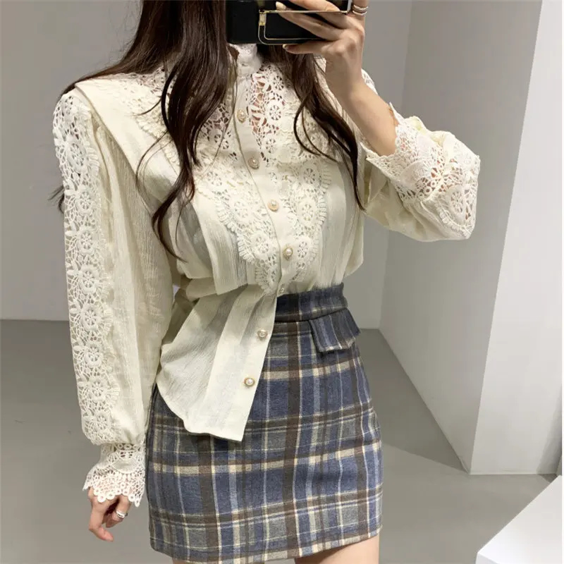

Style 2019 Stylish Patchwork Lace Elegant Girls Fresh Loose Sweet Fashion Tops Office Lady Women Casual Shirts