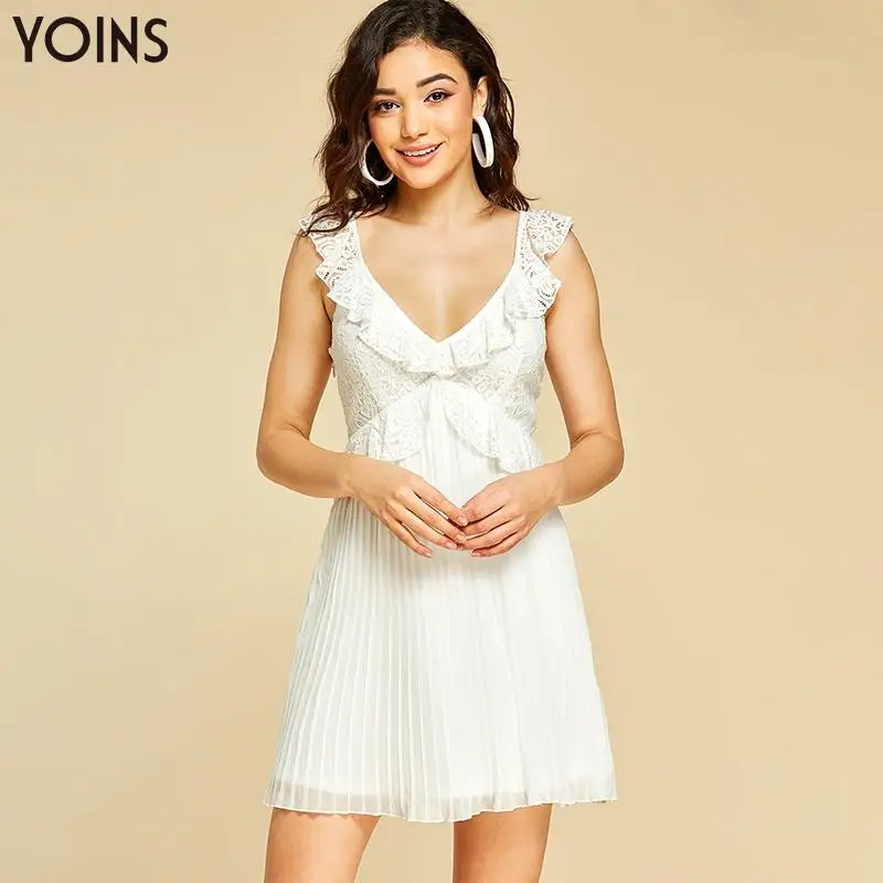 

YOINS 2019 Women Pleated Lace Dress Summer White Ruffle Trim Deep V-neck Sleeveless Mini Dresses Sexy Vestido Party Sundress