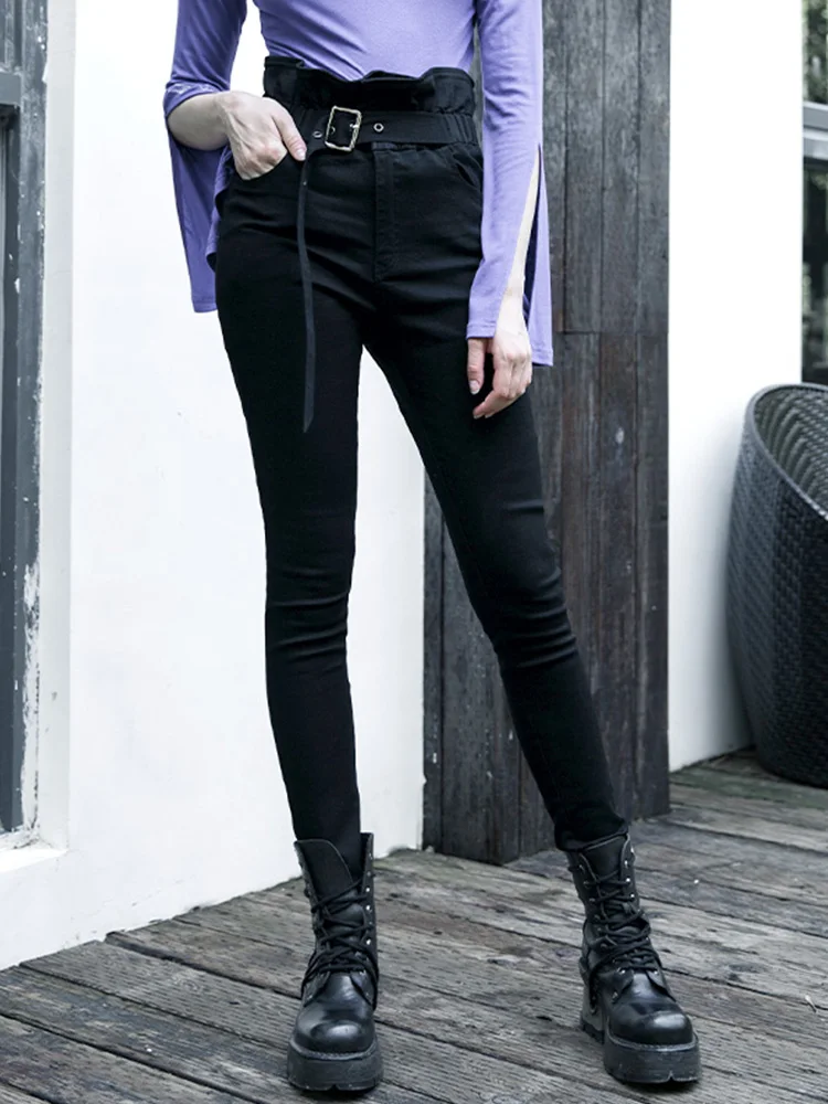 PUNK RAVE Women Punk Autumn and Winter Classic Skinny Slim Jeans Ruffled High Waist Straight Casual Pants | Женская одежда