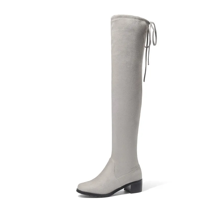 Light grey QUTAA/ г. Модные Универсальные Сапоги выше колена из эластичной ткани на шнуровке зимняя теплая женская обувь на меху на квадратном каблуке размеры 34-43 - Цвет: Light grey
