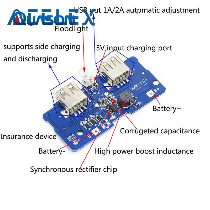 Module de chargeur de batterie externe 5V 2A carte de charge Module d'alimentation Boost 2A double sortie USB 1A entrée ► Photo 2/6