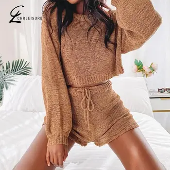 

Casual Knitted Women Suit Bubble Long Sleeve Set With Shorts For Women O-neck Loose Sweater Two Piece Set Women