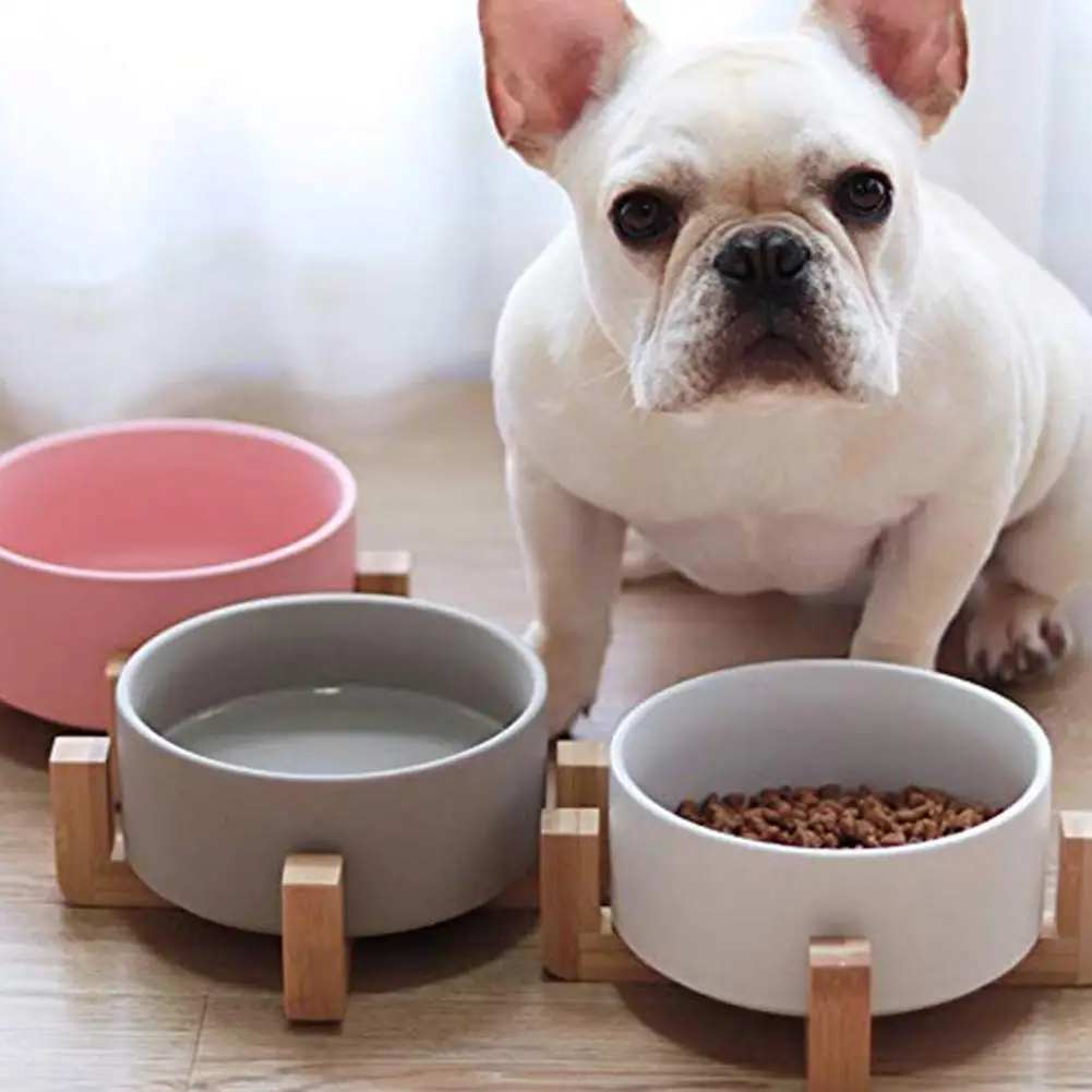 

Large Capacity Pet Ceramic Feeding Bowl with Wood Frame for Cat Dog Food