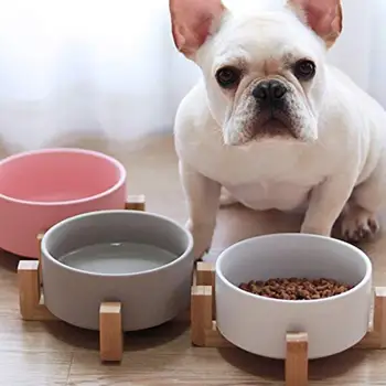 

Large Capacity Pet Ceramic Feeding Bowl with Wood Frame for Cat Dog Food