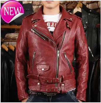 

Red 2020 Men Genuine Leather Motorcycle Jacket Plus Size XXXL Real Sheepskin Diagonal Zipper Leather Biker Coat FREE SHIPPING