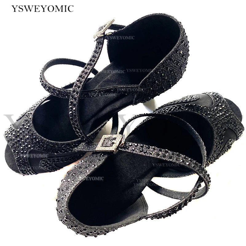 Black Glitter Latin Salsa Ballroom Square Practice Latin Dance Shoes for Women Dancing Ladies High Heels Suede Sole Rhinestones