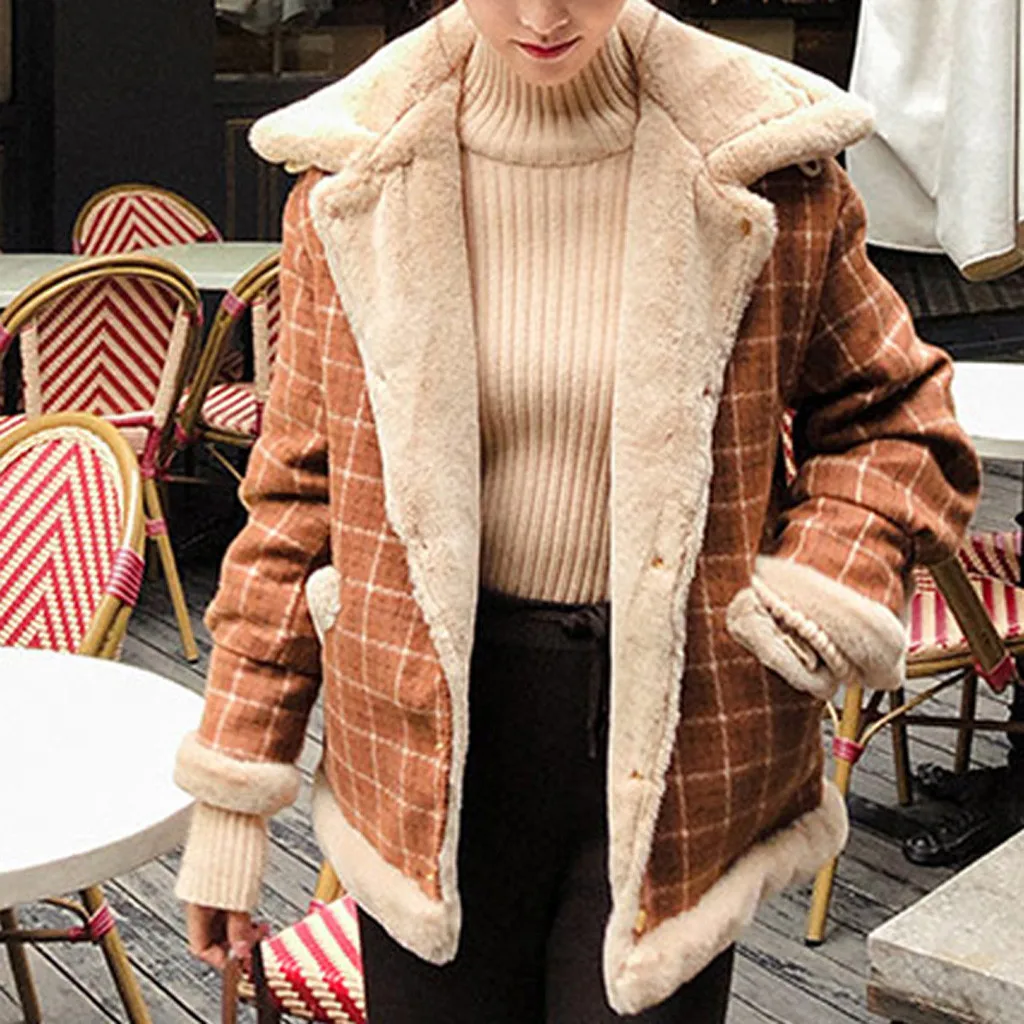 Женская зимняя куртка, модная новинка, Женская свободная Меховая куртка, женское плюшевое пальто, верхняя одежда, женское клетчатое пэтчворк плотное пальто#109