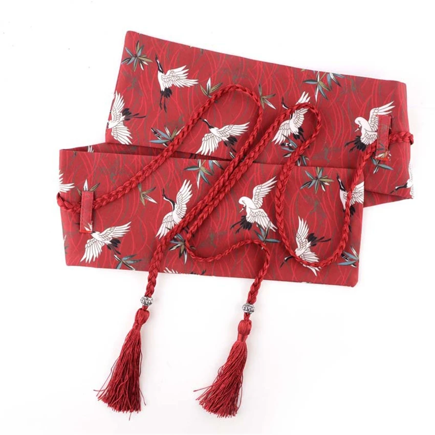 Japanese Traditional Clothing Kimono Cardigan Obi for Women Girl Fashion Streetwear Crane Printed Tassel Bandage Belt Yukata Obi