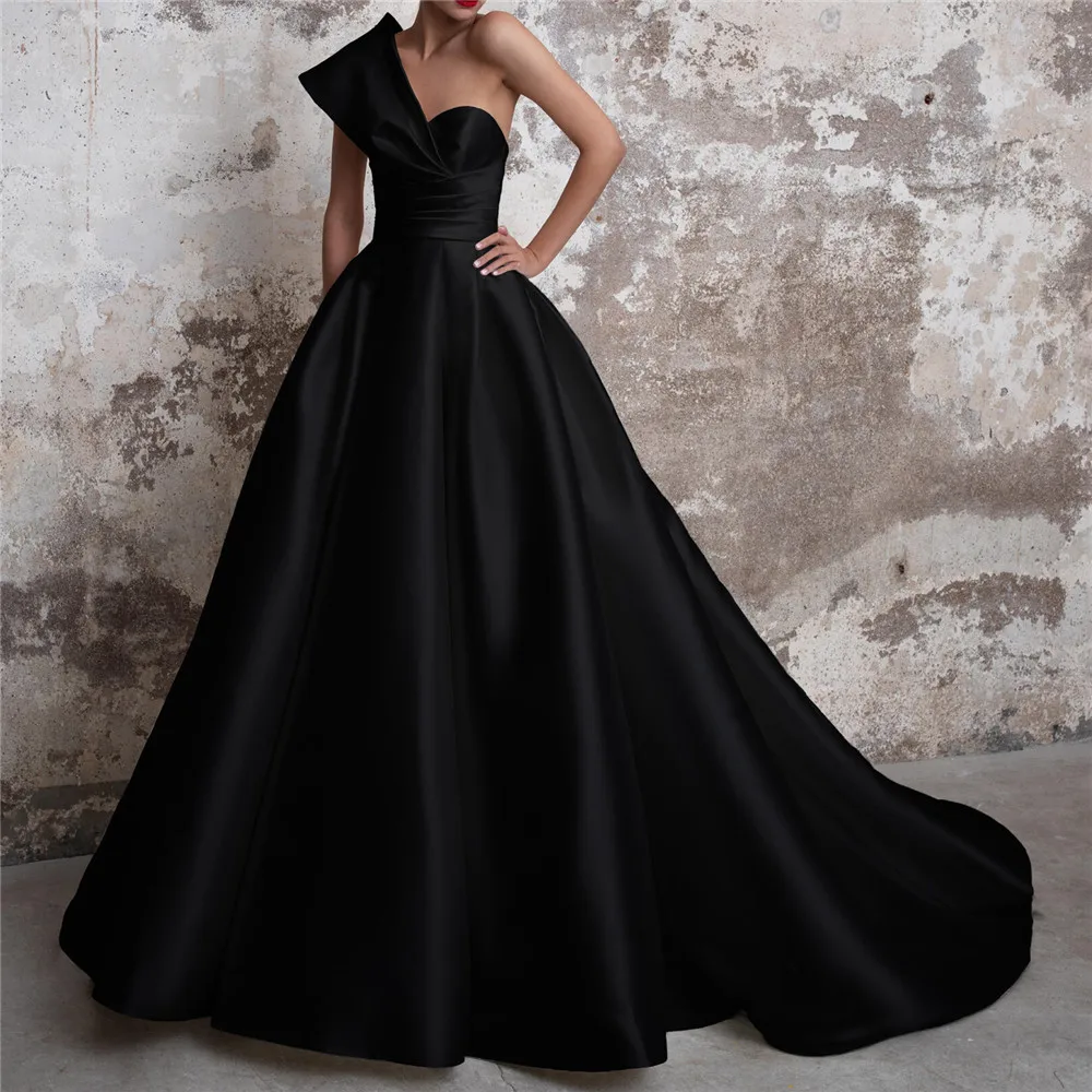 Fashion One-Shoulder A-Line Evening Dress Black 2022 Sex Backless Women Prom Gown Off The Shoulder Satin Pleat Robes De Soirée