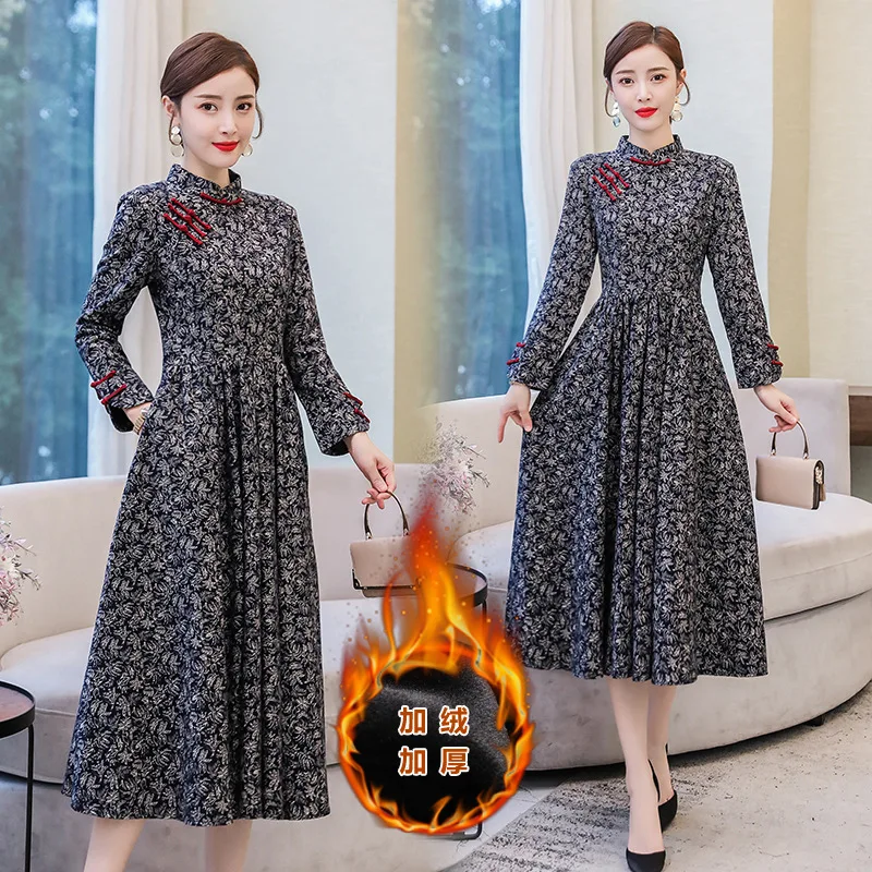 

Plus Velvet 2019 Autumn New Style Improved Edition Cheongsam Style Chinese Costume Chinese Clothing Women's Mid-length Chinese-s