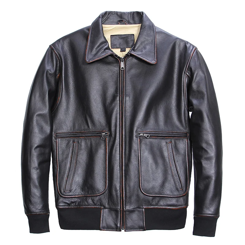 

2020 Vintage Black Men American Pilot Leather Jacket Plus Size XXXL Genuine Cowhide Autumn Aviator Leather Coat FREE SHIPPING