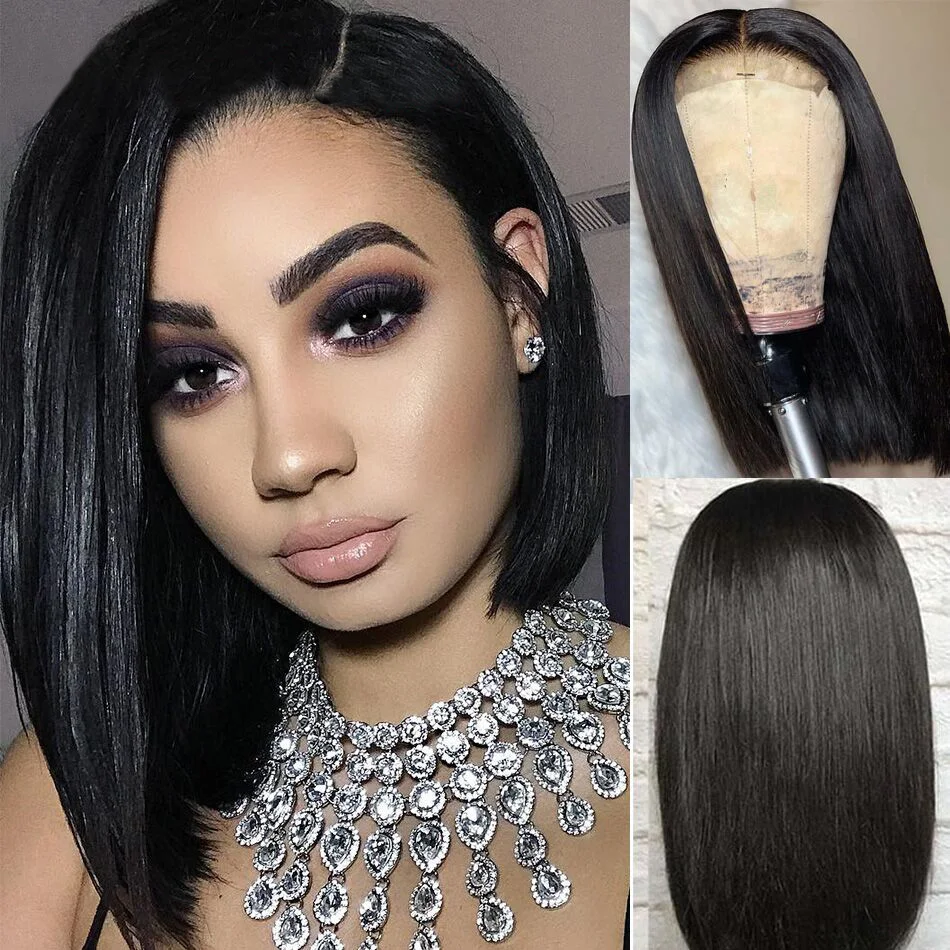 Straight Bob Lace Front Wig with Bangs Brazilian 13×4 Glueless Lace Front Human Hair Wig Julia Green Pink Yellow Short Bob Wigs