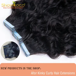 ShowCoco Afro Kinky Curly Tape In Human Hair Extensions For African American Women Natural Black Adhesive Invisible Tape 20pcs