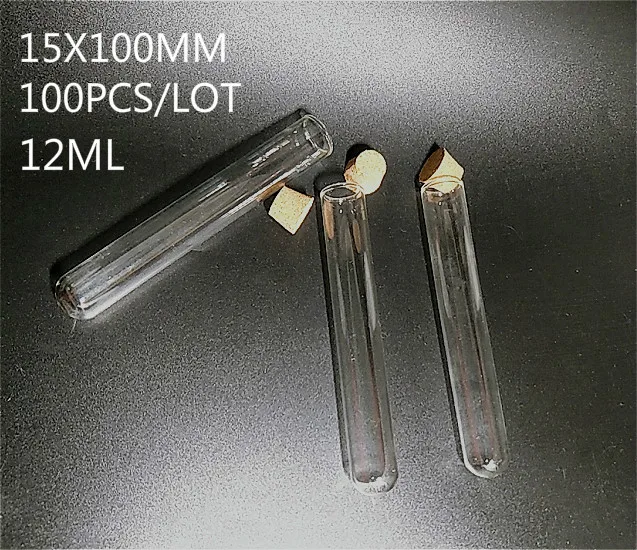 

100pcs/lot Clear Glass Round Bottom 12ml 15x100mm Test Tubes with Cork for Labs