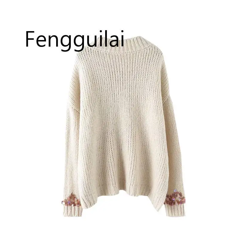 Vintage Chic Sequins Appliques Loose Knitted Sweater Women 2020 Fashion Long Sleeve O Neck Ladies Pullovers Casual Pull Femme Vintage Chic Sequins Appliques Loose Knitted Sweater Women 2020 Fashion Long Sleeve O Neck Ladies Pullovers Casual Pull Femme