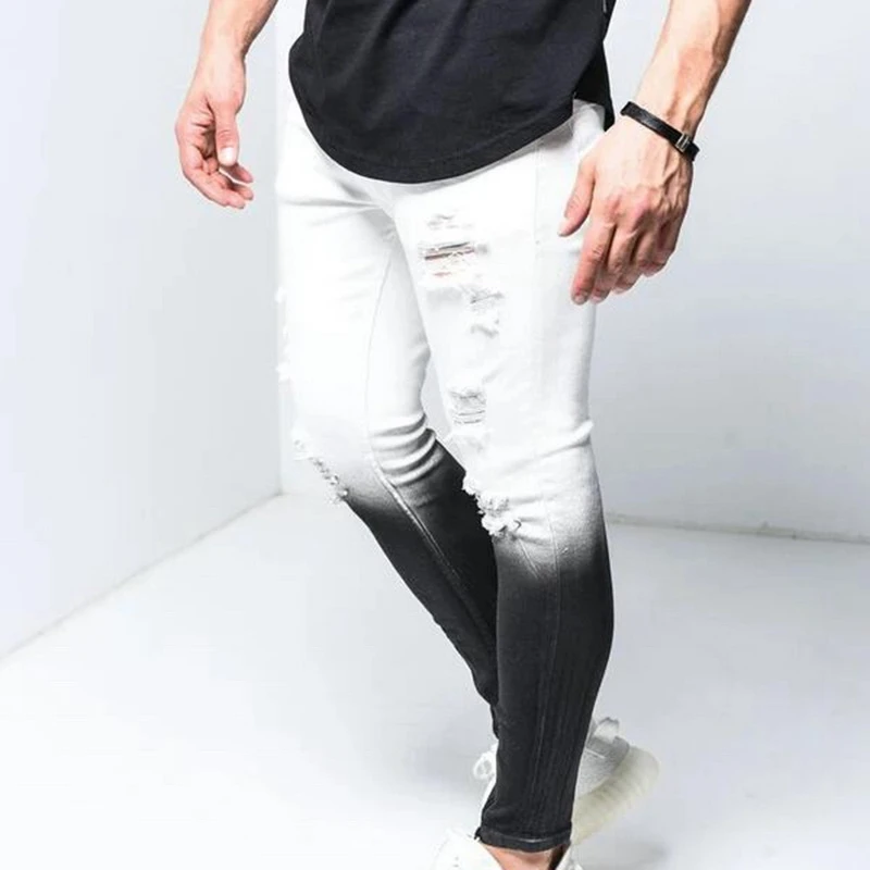 

Laamei Men Jeans Skinny Uomo Gradient Black White Ripped Hole Denim Pantalones Male Zipper Pencil Trousers Slim Hip Hop Jean