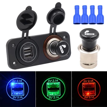

5V 4.2A Red Light Center Console Dual USB Aperture Vehicle Mobile Phone Charger with Metal Cigar Lighter for Car Yacht Vehicle