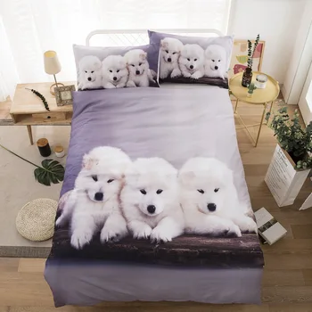 

3D Three white puppies pattern printing Bedding Set Polyester fiber material Bedclothes Pillowcase Duvet Cover Set Bedspread