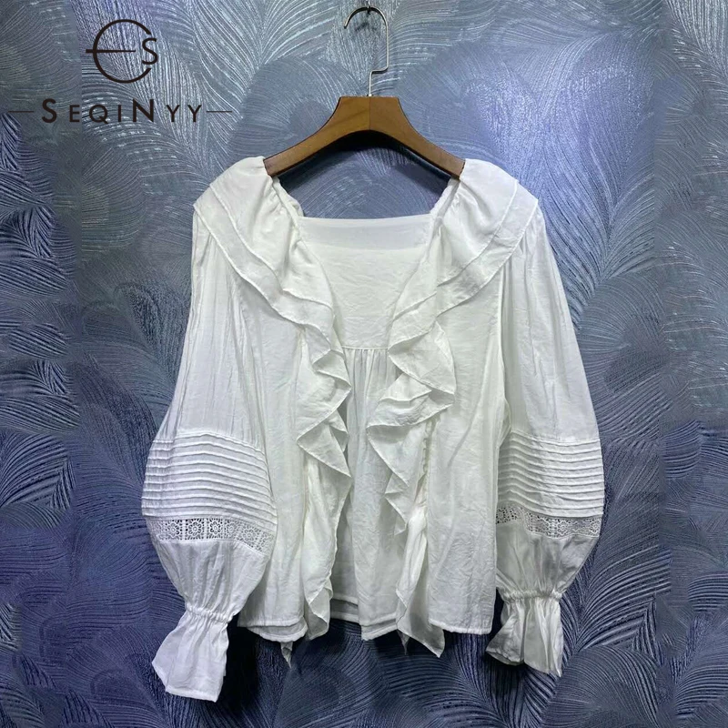

SEQINYY 100% Cotton Blouse 2020 Summer Spring New Fashion Design Women Pleated Lantern Sleeve Loose Ruffles Top Casual