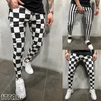

2020 Men's Slim Pants Tights Fitness Fashion Slim Comfortable Striped Plaid Black White Casual Pencil Pants Men Clothes
