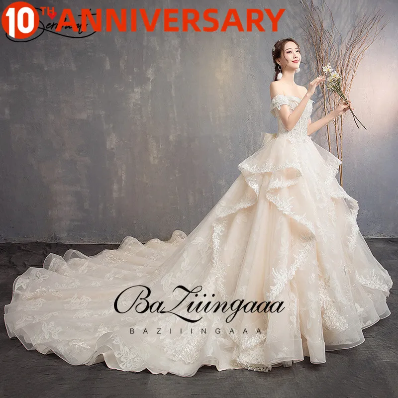 

OllyMurs Luxury Lace Royal Ruched Wedding Dress Off The Shoulder 100Cm Trailing Suitable for Pregnant Women Church Wedding