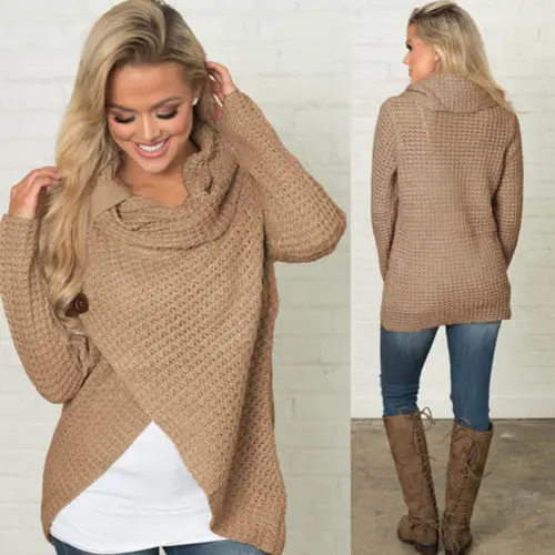 Lomantise Womens Turtle Cowl Neck Wrap Asymmetrical Hem Cable Knit Cozy Pullover Sweater with Button