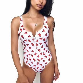 

Sexy Zipper Swimwear Women Padded Push Up One piece Swimsuit Monokini Mujer Trikini Biquini Femme Fruit Print Bathing Buit