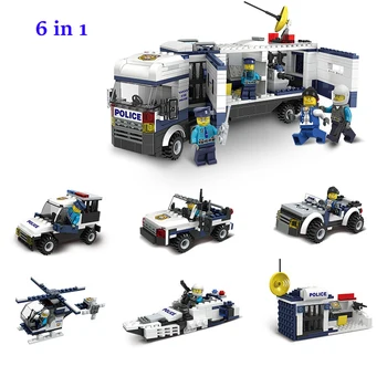 

New City Police Command Vehicle Cruiser Building Block Brick DIY 6 In 1 Police Figures Toys For Children Kids Gifts