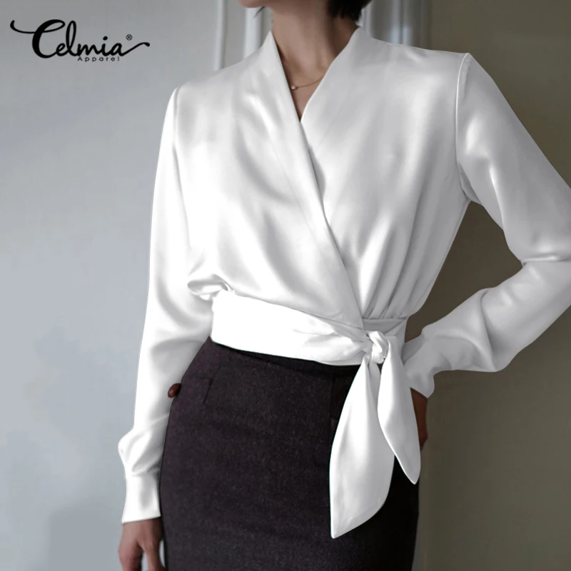 

Celmia 2020 Women Fashion Solid Blouses Casual Long Sleeve V-Neck Sexy Tops Ladies High Waist Retro Shirt Elegant Blusas Belted