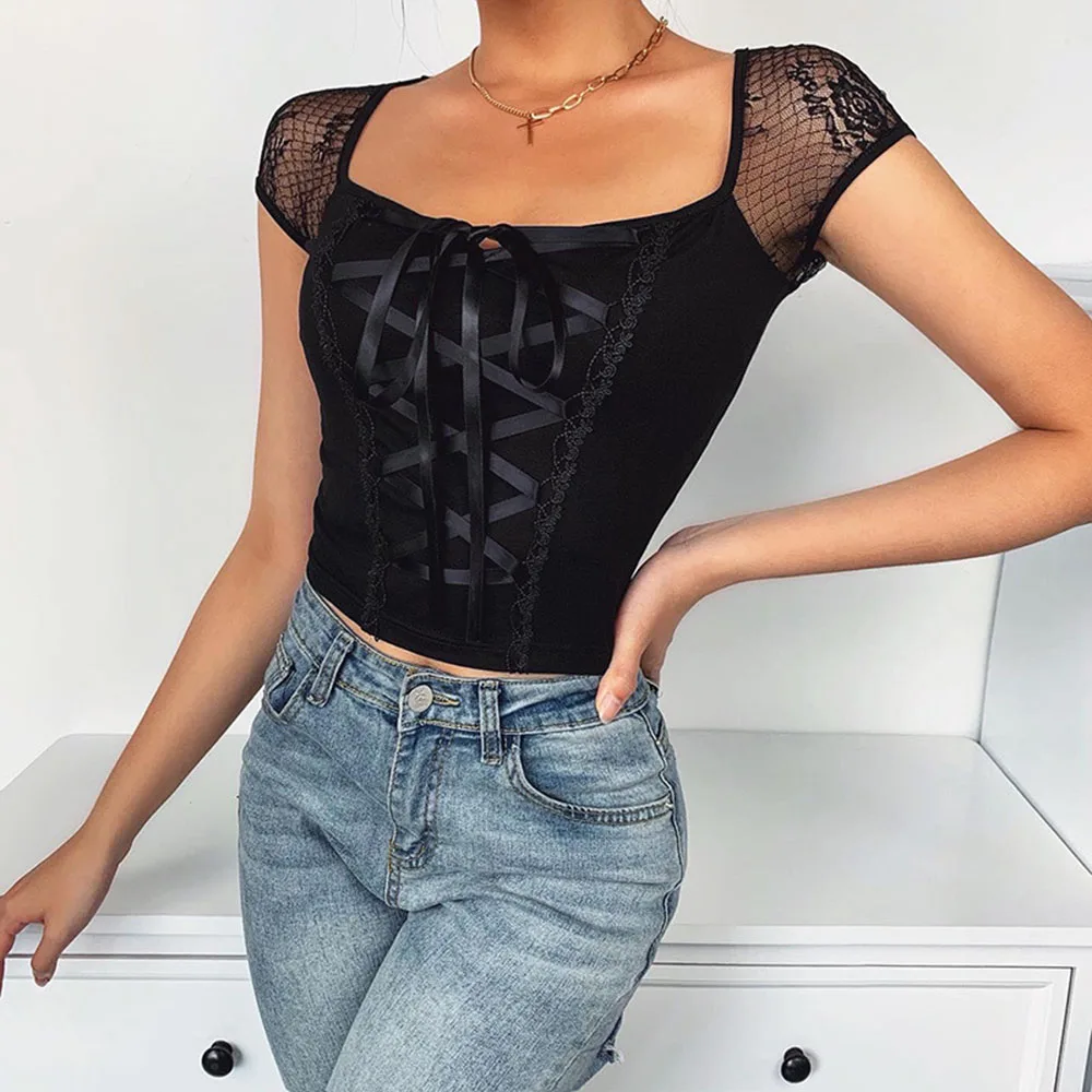 Gothic Women Blouse Sexy Thin Slim Retro Lace Stitching Square Collar Short Sleeve Straps Pullover Tshirts Summer Fashion Tops
