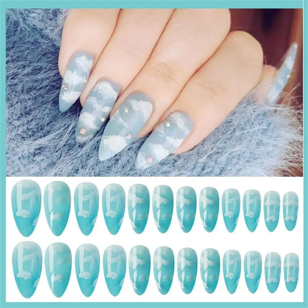 Sale Press-On Nails French-Stiletto Clear Tips Faux-Ongles White Blue Sky 24pcs/Set Beauty p3KenweM3