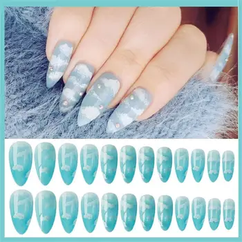 

24 Pcs/Set Stiletto Shape Fake Nails Sky Blue Love Beach Love Summer Glitter Pointed Ladies Press On Designed Nail Tips Cloud