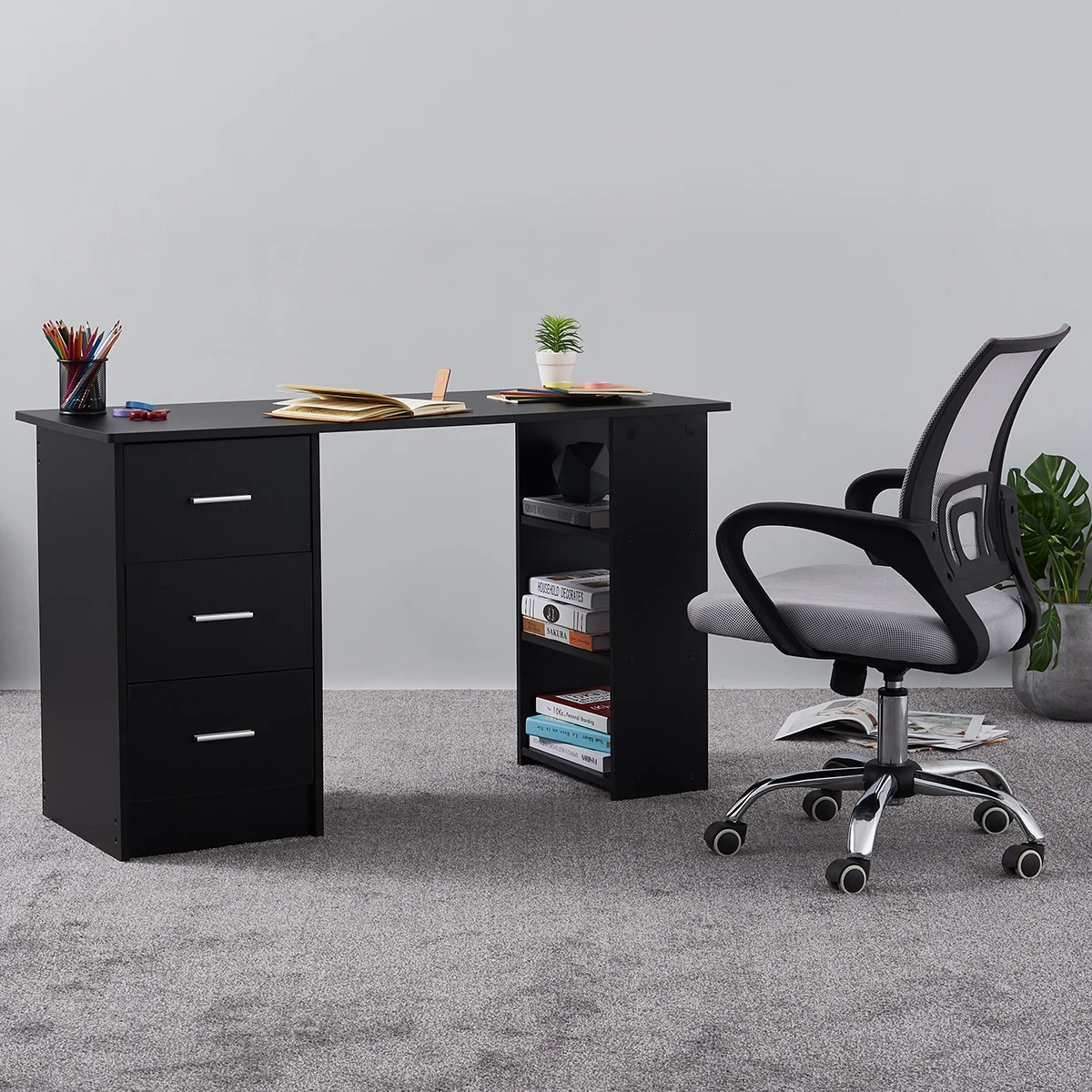 

Panana Stable Computer Desk Writing PC Table Workstation Laptop w/ 3 Shelf & Storage Drawers Black 120 X 49 X 72 cm
