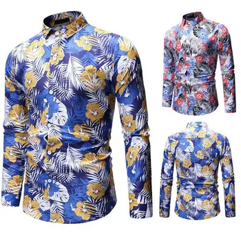 

2020 New Summer Mens long Sleeve Hawaiian Shirts Cotton Casual Floral Shirts Wave Regular Mens Clothing Fashion print coat