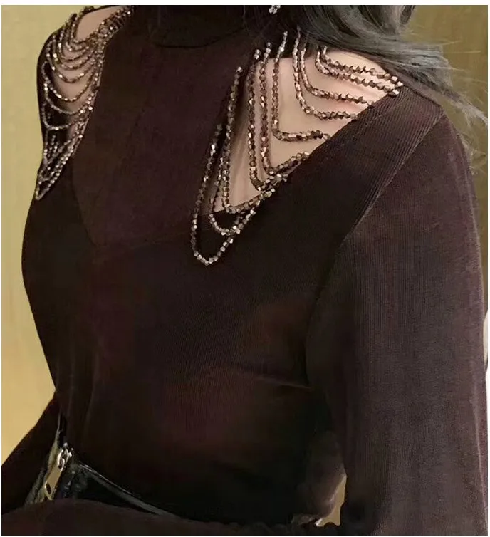 Новинка, шикарная модная женская бархатная рубашка с длинным рукавом и бахромой на тяжёлых плечах, осенняя/зимняя майка, топы