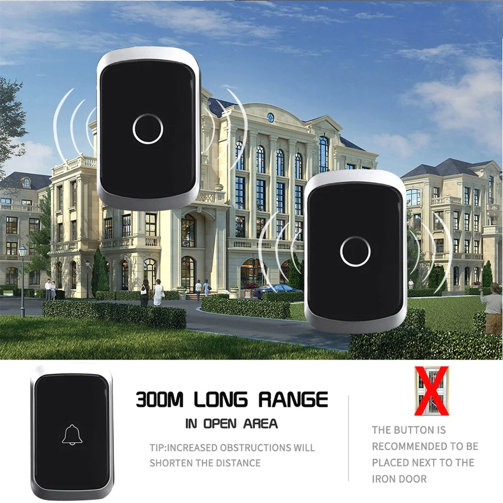 Waterproof Wireless Doorbell EU Plug Smart Remote control  Door Bell  Jingle Rings with battery AC 100V-240V