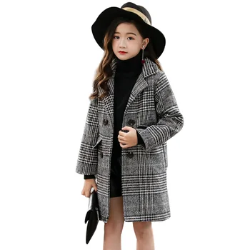 

2020 Girl 's Coat Fashion Plaid Double Breasted Wool Jacket Kids ' Overcoat Autumn Thick Winter Clothes 3 - 13 Y