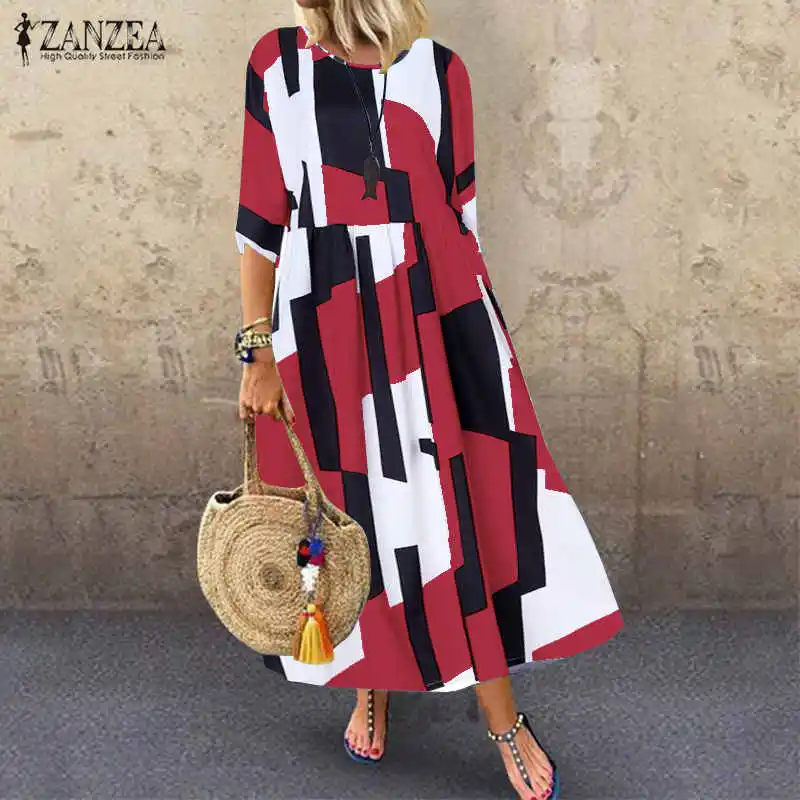 ZANZEA, модное Макси платье с геометрическим принтом, женский сарафан, лето 3/4, длинный рукав, Vestidos, женские повседневные свободные вечерние платья