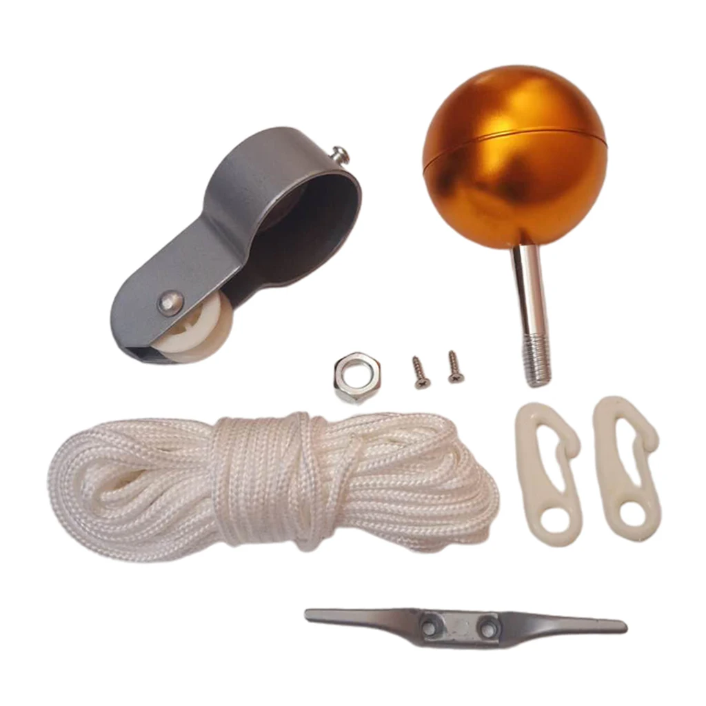 All-in-1 Flag Pole Replacement Parts 2'' Truck Pulley Golden Ball and Cleat Rope