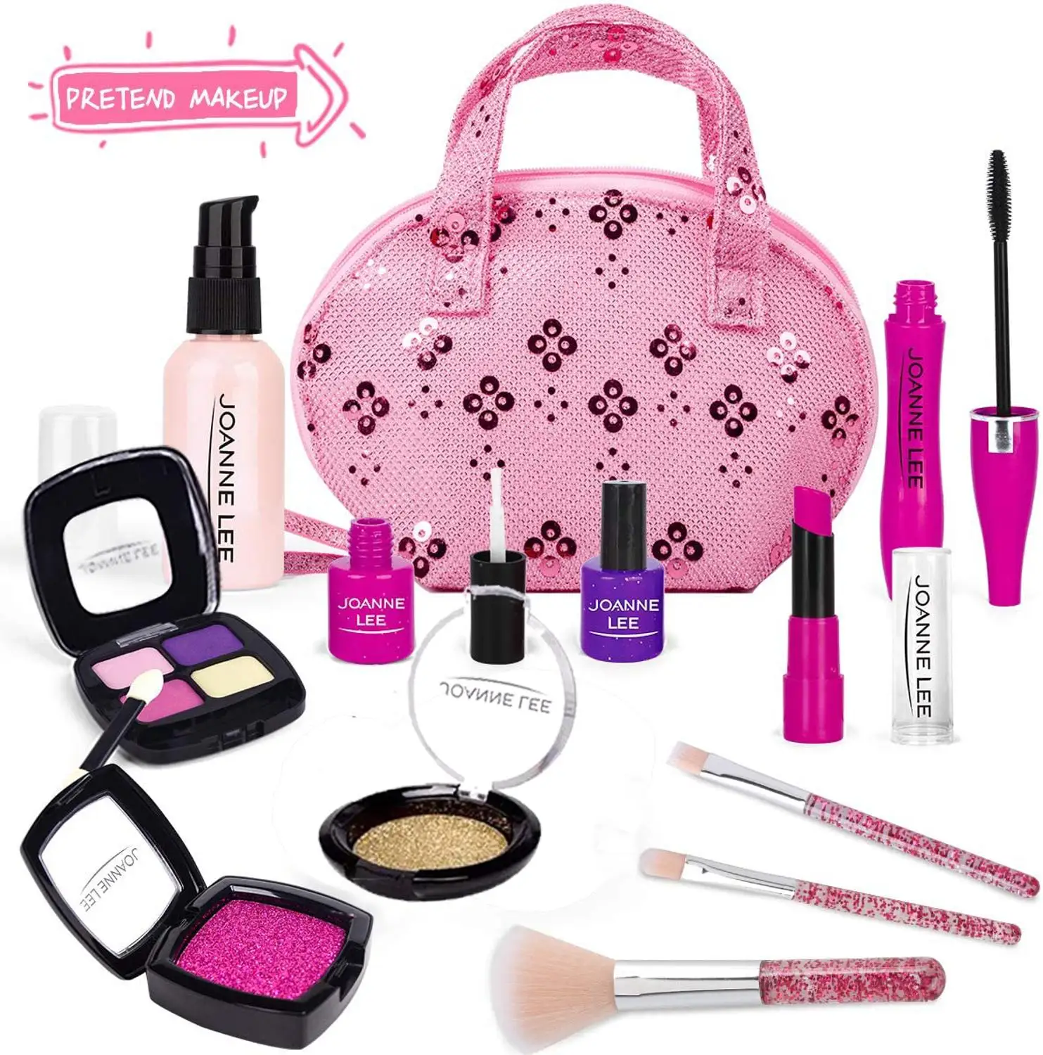 

Pretend Makeup Kit toys for Girls,Cosmetic Pretend Play Beauty Make Up Set, Fake Eye Shadow Brushes Glitter Nail Polish(Not Real