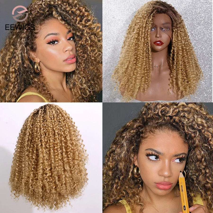 Eewigs Afro Kinky Curly Synthetic Wig Honey Blonde Lace Front Wigs