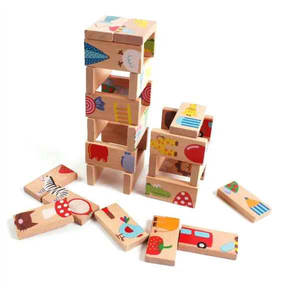 

Wooden 28 PCs Building Blocks Animal Solitaire Domino Garden Matching Domino