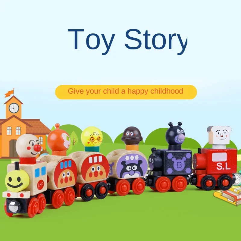 Wooden children's magnetic train cartoon animal drag stitching infant cognitive puzzle toy building block car
