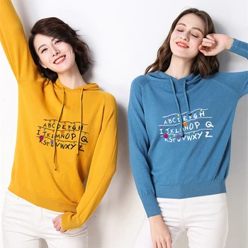 

fashion woman solid hooded sweater ABC letter female long sleeve korean chic soft jumpers sweater ladies femme stranger things
