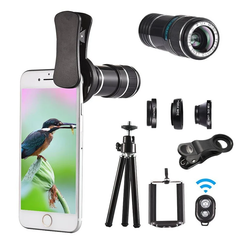 

Foreign Trade Universal 12X Long Telephoto Binoculars Macro 0.65X Wide-angle 180 Degree Fisheye Four-in-One Bluetooth Selfie Sti