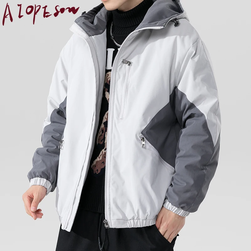 

AIOPESON 2020 New Hoodied Men's Coats Casual Printed Color Matching Zipper Winter Coat Men Fashion Loose Warm Mens Coat