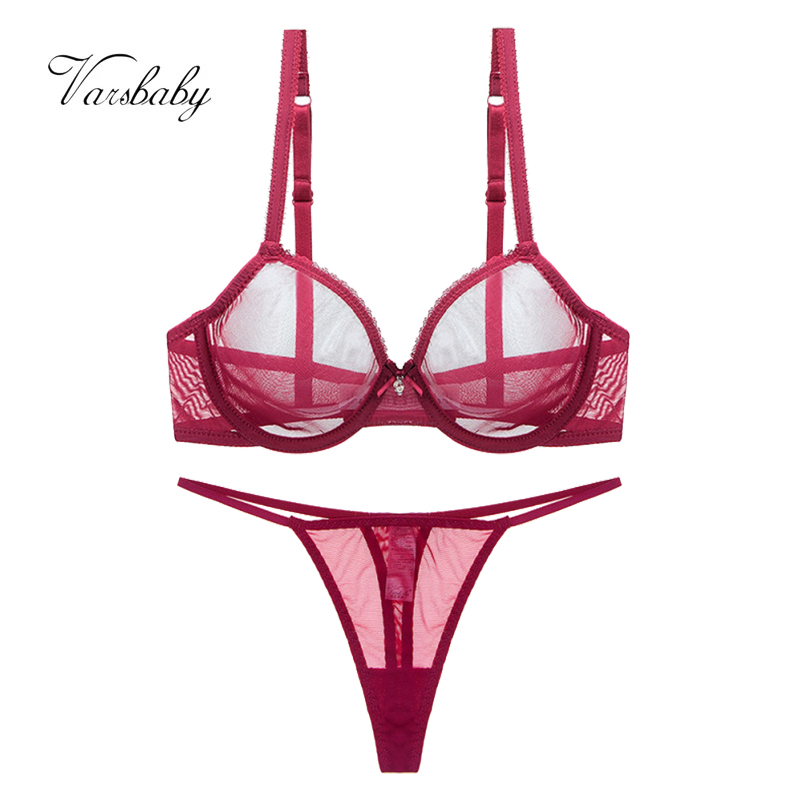 Varsbaby Ladies underwear summer thin mesh bra set transparent gather breathable sexy thong plus size bra set