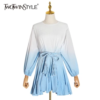 

TWOTWINSTYLE Hit Color Print Women's Dress O Neck Puff Sleeve High Waist Lace Up Mini Dresses Female 2020 Autumn New Fashion