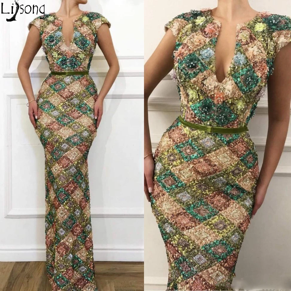 Sequins Long Mermaid Prom Dresses 2020 Sparkly Elegant Cap Sleeve V-neck Arab Women Trumpet Occasion Evening Gown robe de soiree